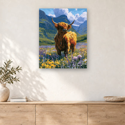Tableau peinture par numéro Vache Highland dans les Fleurs accroché dans un intérieur décoré, Maison Artsen