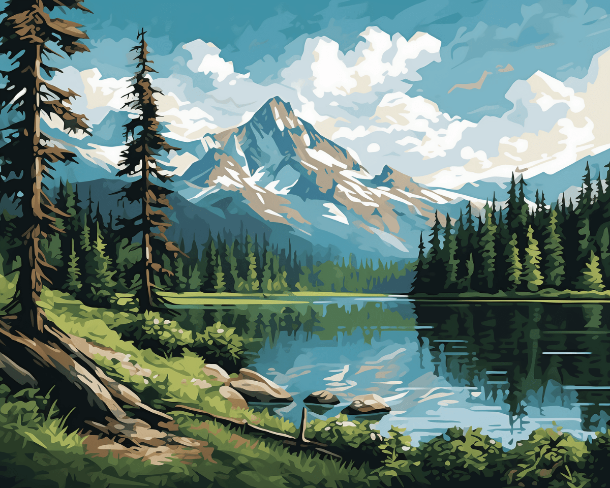 Peinture par numéro adulte Lac Paisible des Montagnes, visuel complet du design sur toile, Maison Artsen