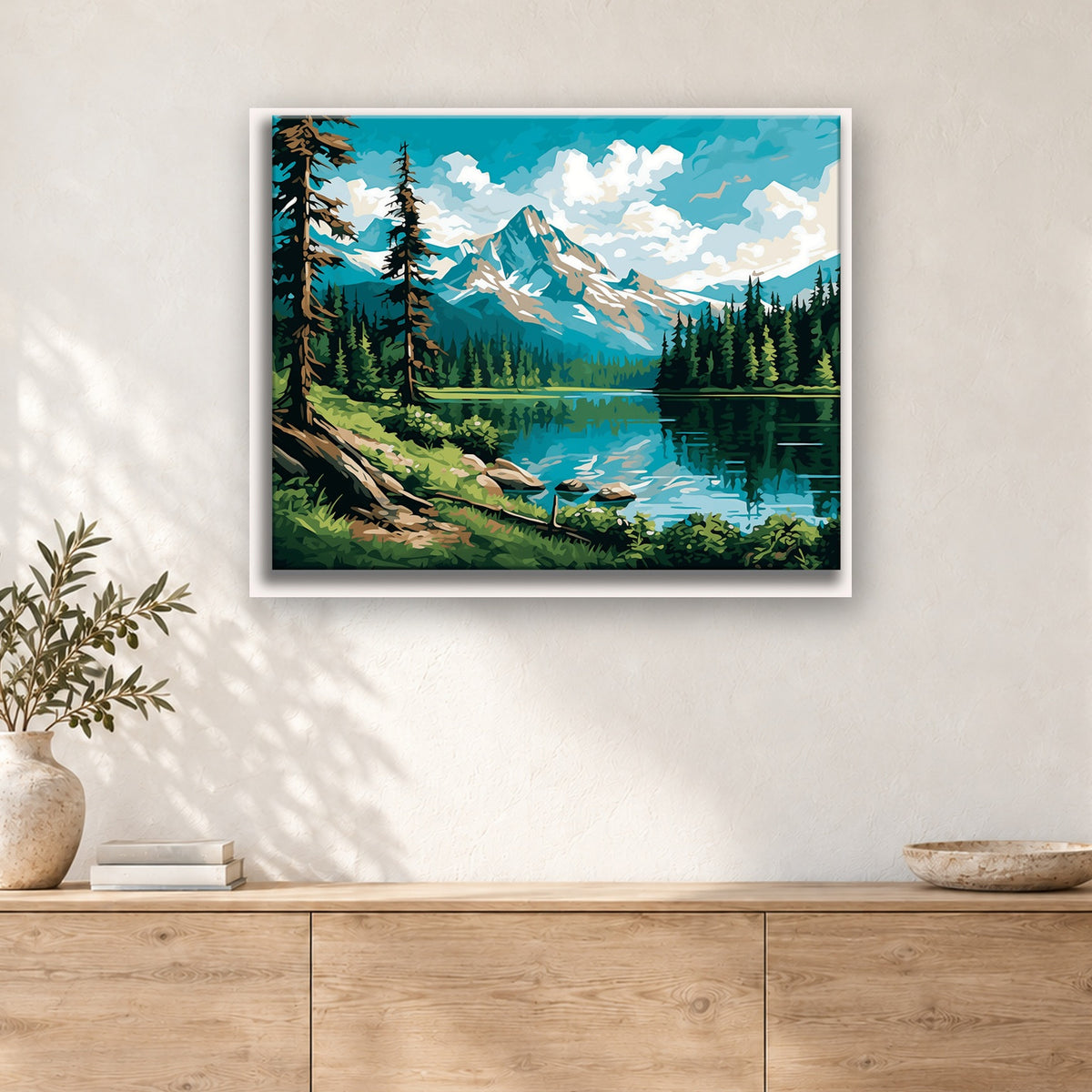 Tableau peinture par numéro Lac Paisible des Montagnes accroché dans un intérieur décoré, Maison Artsen