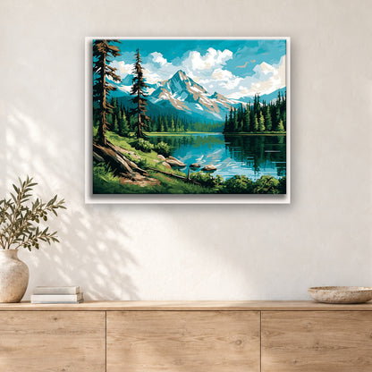 Tableau peinture par numéro Lac Paisible des Montagnes accroché dans un intérieur décoré, Maison Artsen