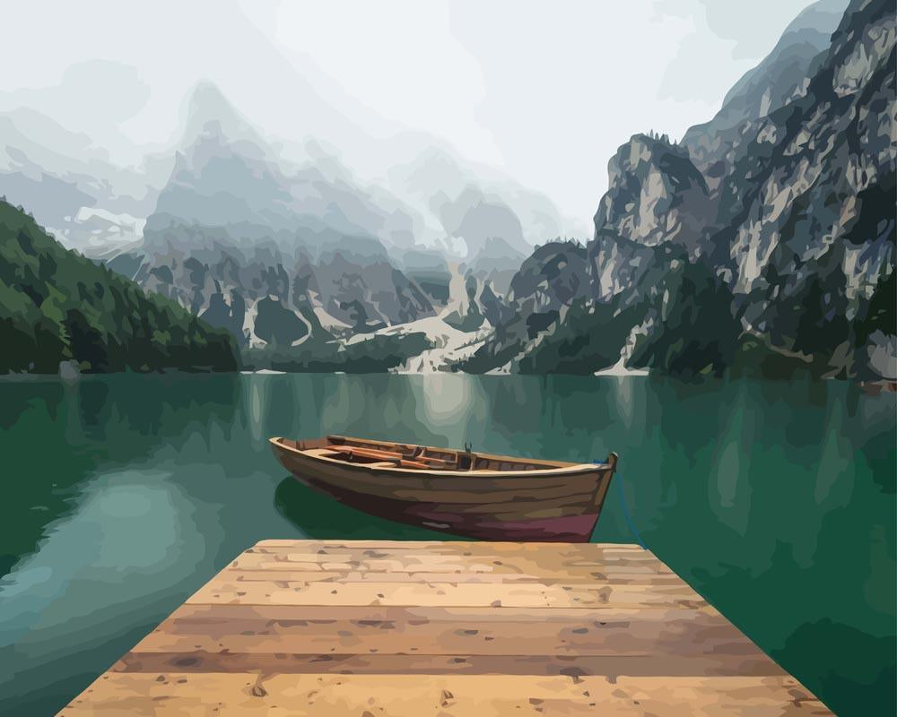 Peinture par numéro adulte Barque sur le Lac Brumeux, visuel complet du design sur toile, Maison Artsen