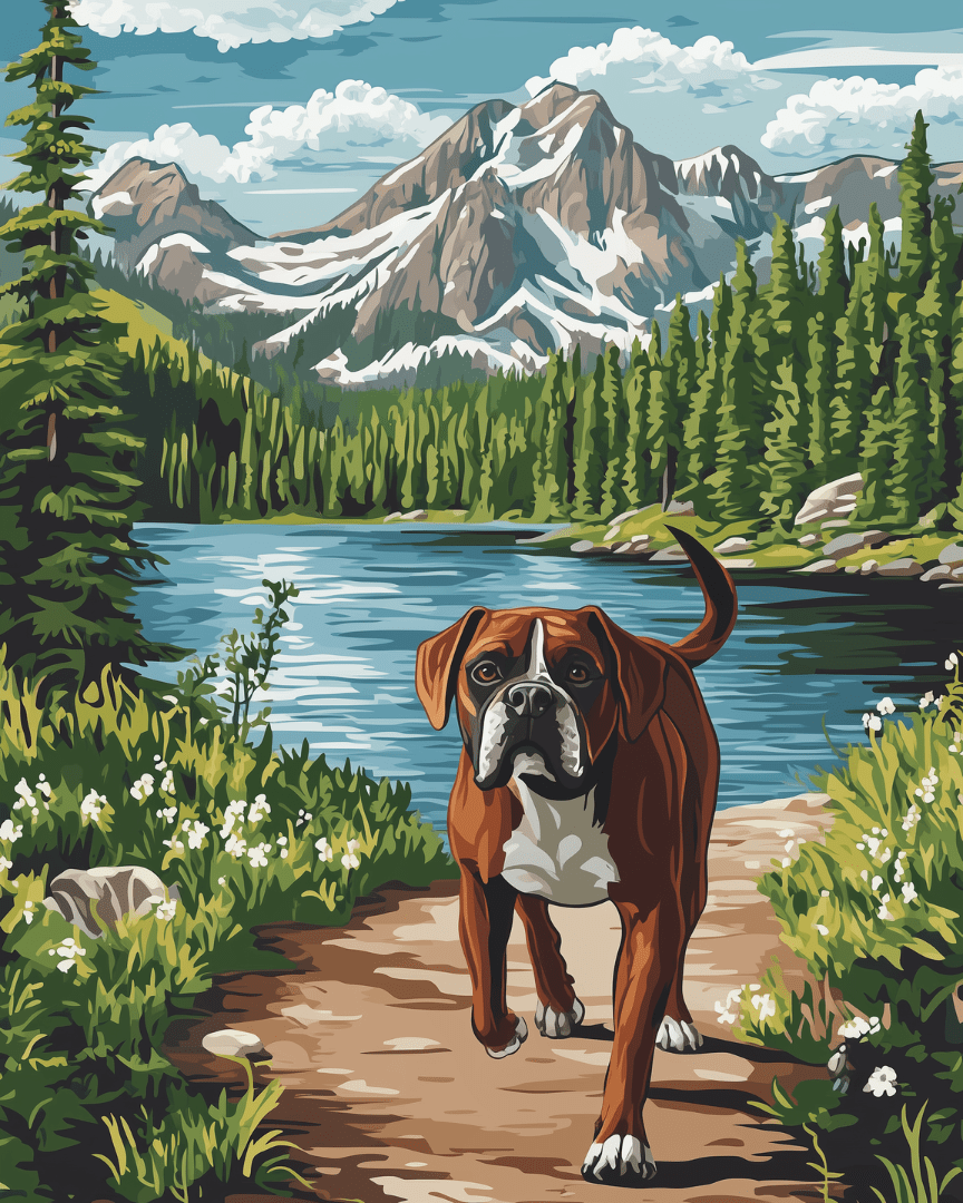 Peinture par numéro adulte Balade du Boxer au Lac, visuel complet du design sur toile, Maison Artsen