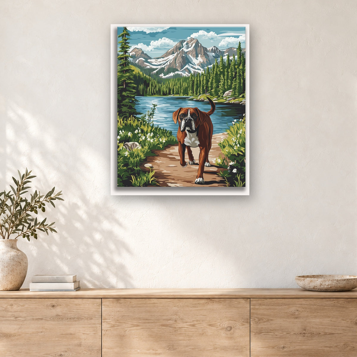 Tableau peinture par numéro Balade du Boxer au Lac accroché dans un intérieur décoré, Maison Artsen