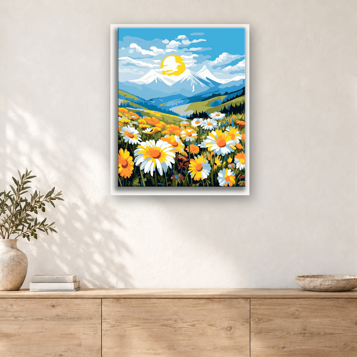 Tableau peinture par numéro Marguerites des Alpages accroché dans un intérieur décoré, Maison Artsen