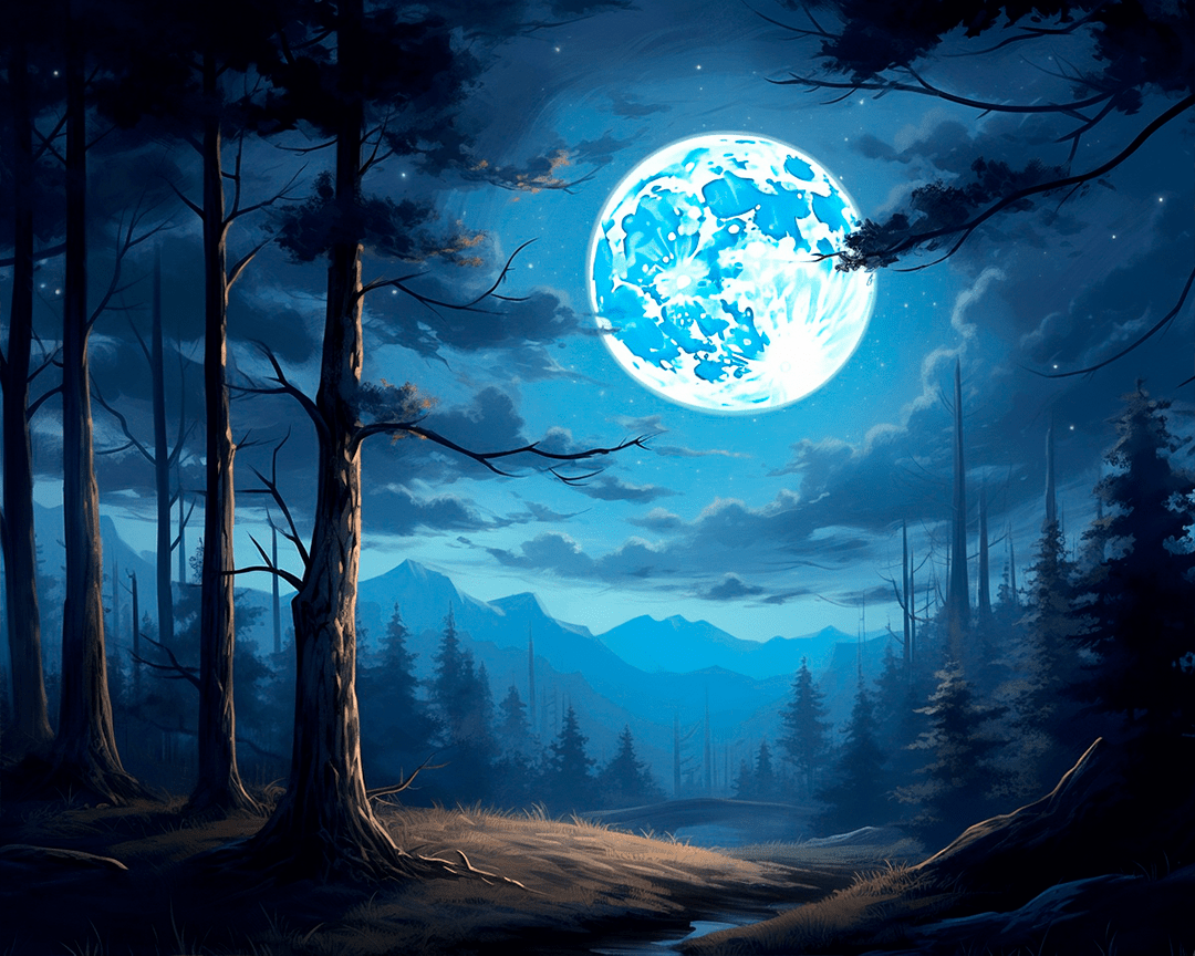Peinture par numéro adulte Forêt sous la Pleine Lune, visuel complet du design sur toile, Maison Artsen