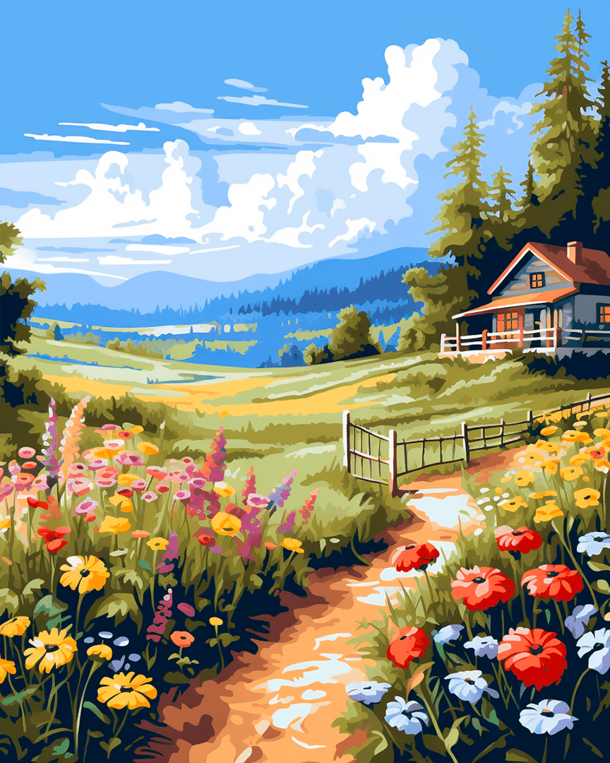 Peinture par numéro adulte Chemin Fleuri vers le Chalet, visuel complet du design sur toile, Maison Artsen