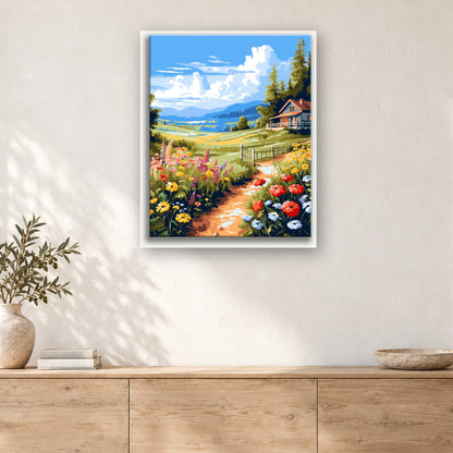 Tableau peinture par numéro Chemin Fleuri vers le Chalet accroché dans un intérieur décoré, Maison Artsen
