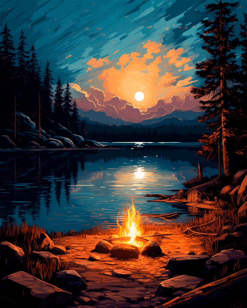 Peinture par numéro adulte Feu de Camp au Lac, visuel complet du design sur toile, Maison Artsen