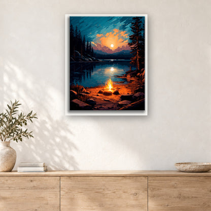 Tableau peinture par numéro Feu de Camp au Lac accroché dans un intérieur décoré, Maison Artsen