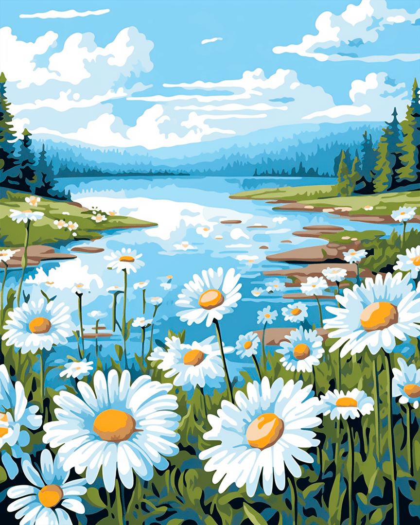 Peinture par numéro adulte Marguerites au Bord de l'Eau, visuel complet du design sur toile, Maison Artsen