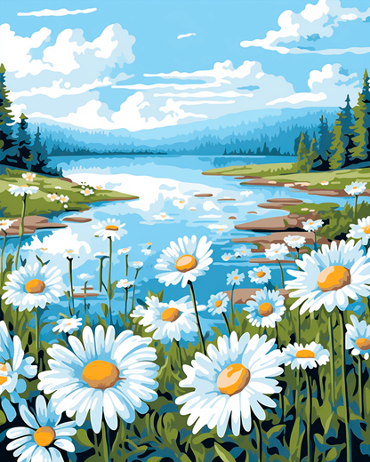 Peinture par numéro adulte Marguerites au Bord de l'Eau, visuel complet du design sur toile, Maison Artsen