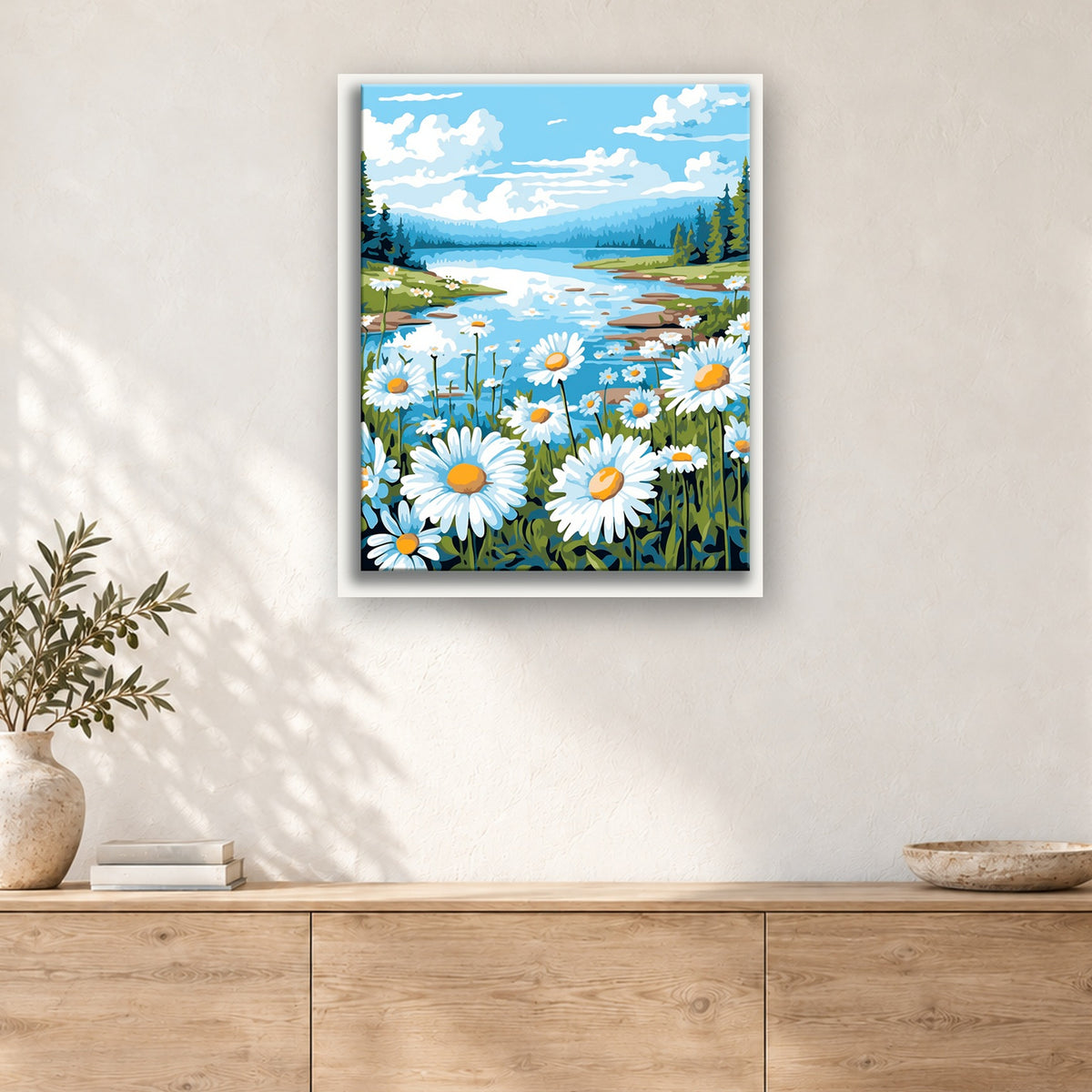 Tableau peinture par numéro Marguerites au Bord de l'Eau accroché dans un intérieur décoré, Maison Artsen