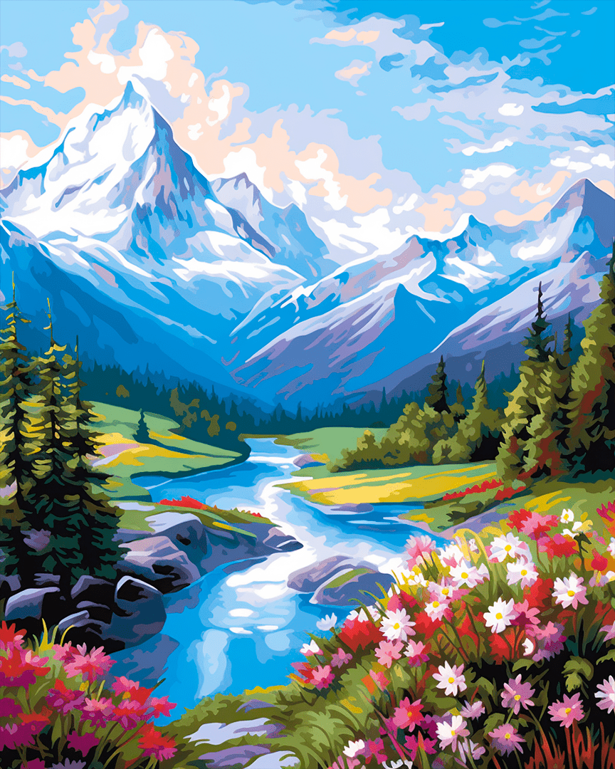 Peinture par numéro adulte Torrent Fleuri des Alpages, visuel complet du design sur toile, Maison Artsen