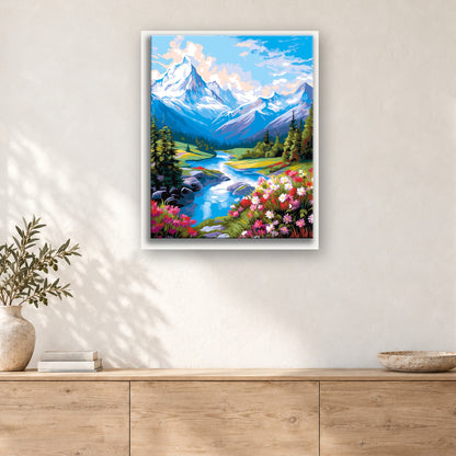 Tableau peinture par numéro Torrent Fleuri des Alpages accroché dans un intérieur décoré, Maison Artsen