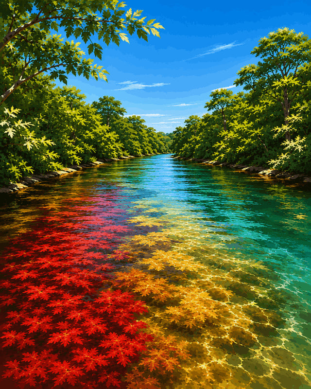 Peinture par numéro adulte Rivière aux Mille Couleurs, visuel complet du design sur toile, Maison Artsen