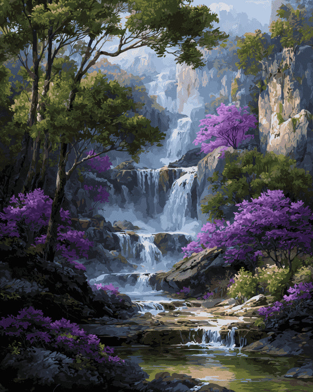 Peinture par numéro adulte Cascade aux Fleurs Violettes, visuel complet du design sur toile, Maison Artsen