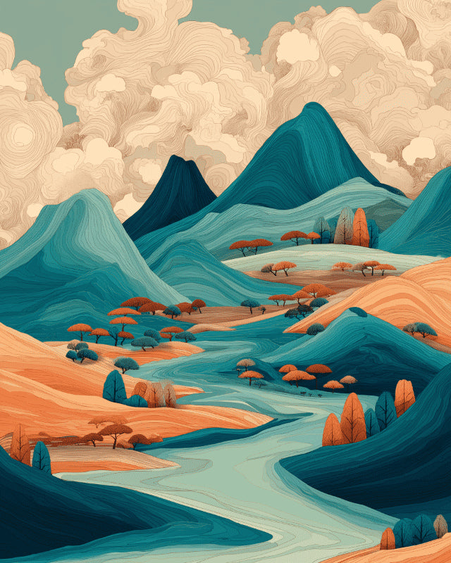 Peinture par numéro adulte Collines Turquoise et Nuages, visuel complet du design sur toile, Maison Artsen