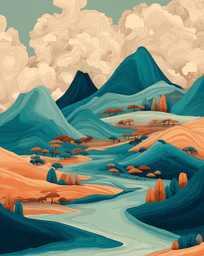 Peinture par numéro adulte Collines Turquoise et Nuages, visuel complet du design sur toile, Maison Artsen