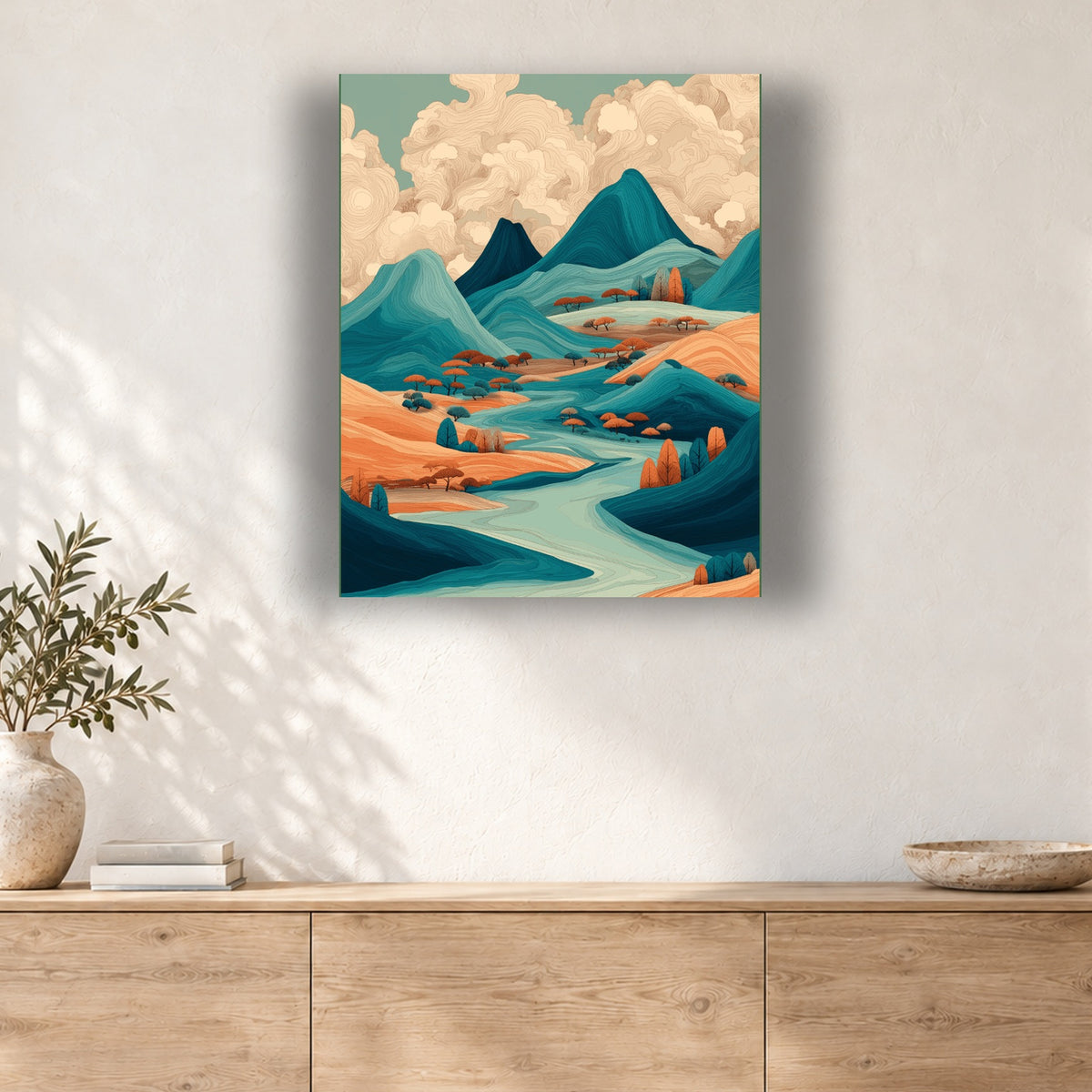 Tableau peinture par numéro Collines Turquoise et Nuages accroché dans un intérieur décoré, Maison Artsen