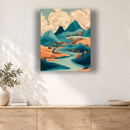Tableau peinture par numéro Collines Turquoise et Nuages accroché dans un intérieur décoré, Maison Artsen