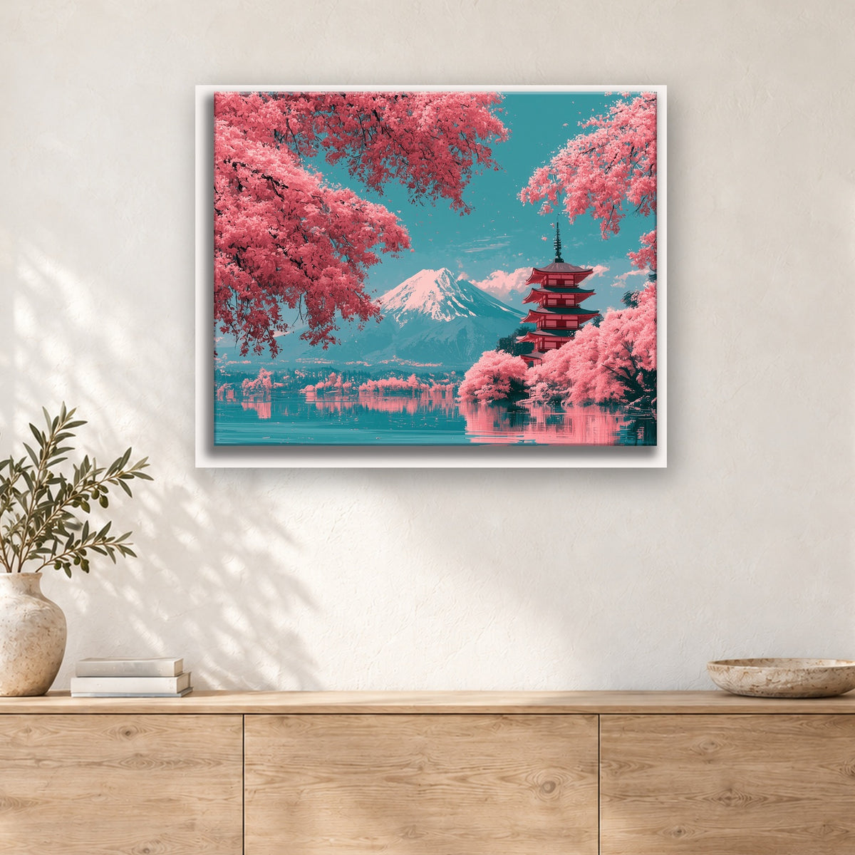 Tableau peinture par numéro Pagode et Cerisiers en Fleurs accroché dans un intérieur décoré, Maison Artsen