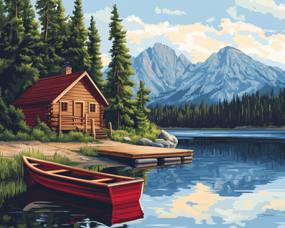 Peinture par numéro adulte Cabane et Barque Rouge, visuel complet du design sur toile, Maison Artsen