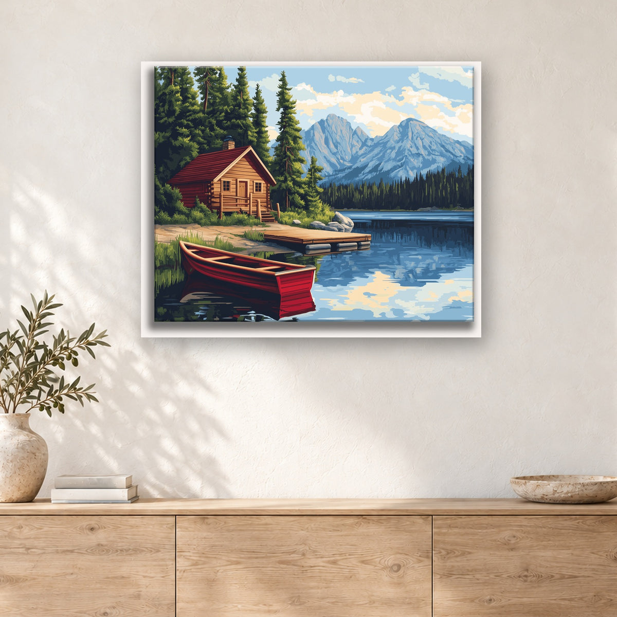 Tableau peinture par numéro Cabane et Barque Rouge accroché dans un intérieur décoré, Maison Artsen