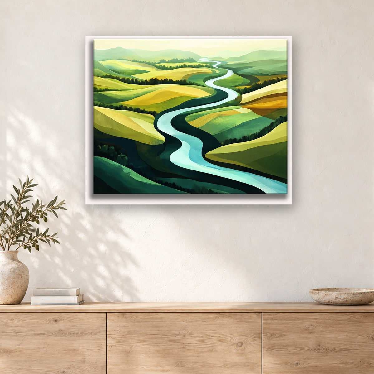 Tableau peinture par numéro Rivière entre les Collines accroché dans un intérieur décoré, Maison Artsen