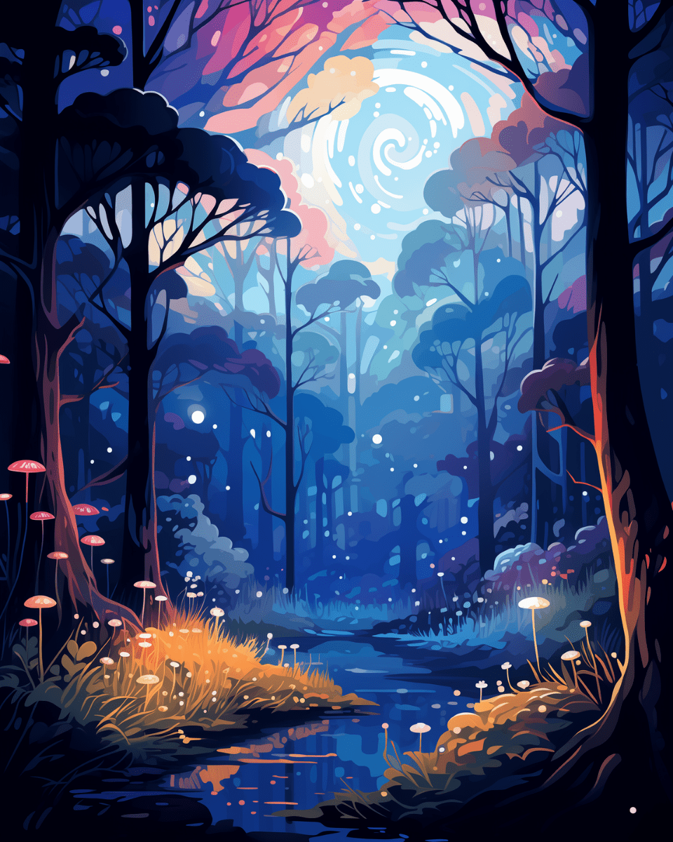 Peinture par numéro adulte Forêt Enchantée Bleue, visuel complet du design sur toile, Maison Artsen