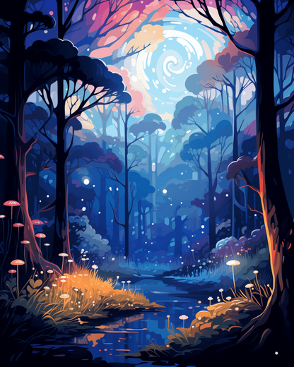 Peinture par numéro adulte Forêt Enchantée Bleue, visuel complet du design sur toile, Maison Artsen