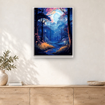 Tableau peinture par numéro Forêt Enchantée Bleue accroché dans un intérieur décoré, Maison Artsen