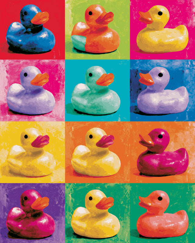 Peinture par numéro adulte Canards de Bain en Couleurs, visuel complet du design sur toile, Maison Artsen