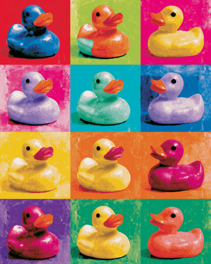 Peinture par numéro adulte Canards de Bain en Couleurs, visuel complet du design sur toile, Maison Artsen