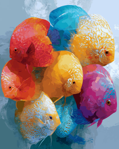 Peinture par numéro adulte Banc de Poissons Disques, visuel complet du design sur toile, Maison Artsen