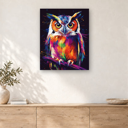 Tableau peinture par numéro Hibou Arc-en-ciel accroché dans un intérieur décoré, Maison Artsen