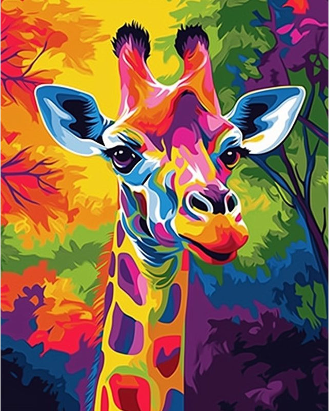 Peinture par numéro adulte Girafe Multicolore, visuel complet du design sur toile, Maison Artsen