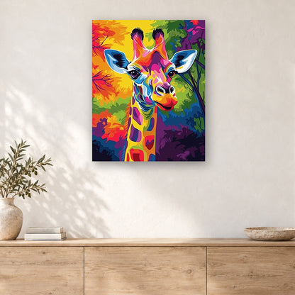 Tableau peinture par numéro Girafe Multicolore accroché dans un intérieur décoré, Maison Artsen