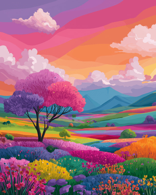 Peinture par numéro adulte Prairie sous un Ciel Rose, visuel complet du design sur toile, Maison Artsen