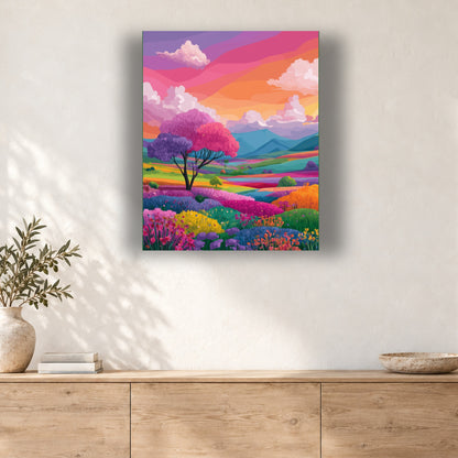 Tableau peinture par numéro Prairie sous un Ciel Rose accroché dans un intérieur décoré, Maison Artsen