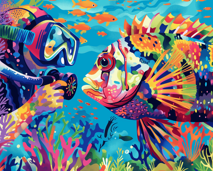 Peinture par numéro adulte Rencontre sous la Mer, visuel complet du design sur toile, Maison Artsen