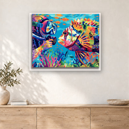 Tableau peinture par numéro Rencontre sous la Mer accroché dans un intérieur décoré, Maison Artsen