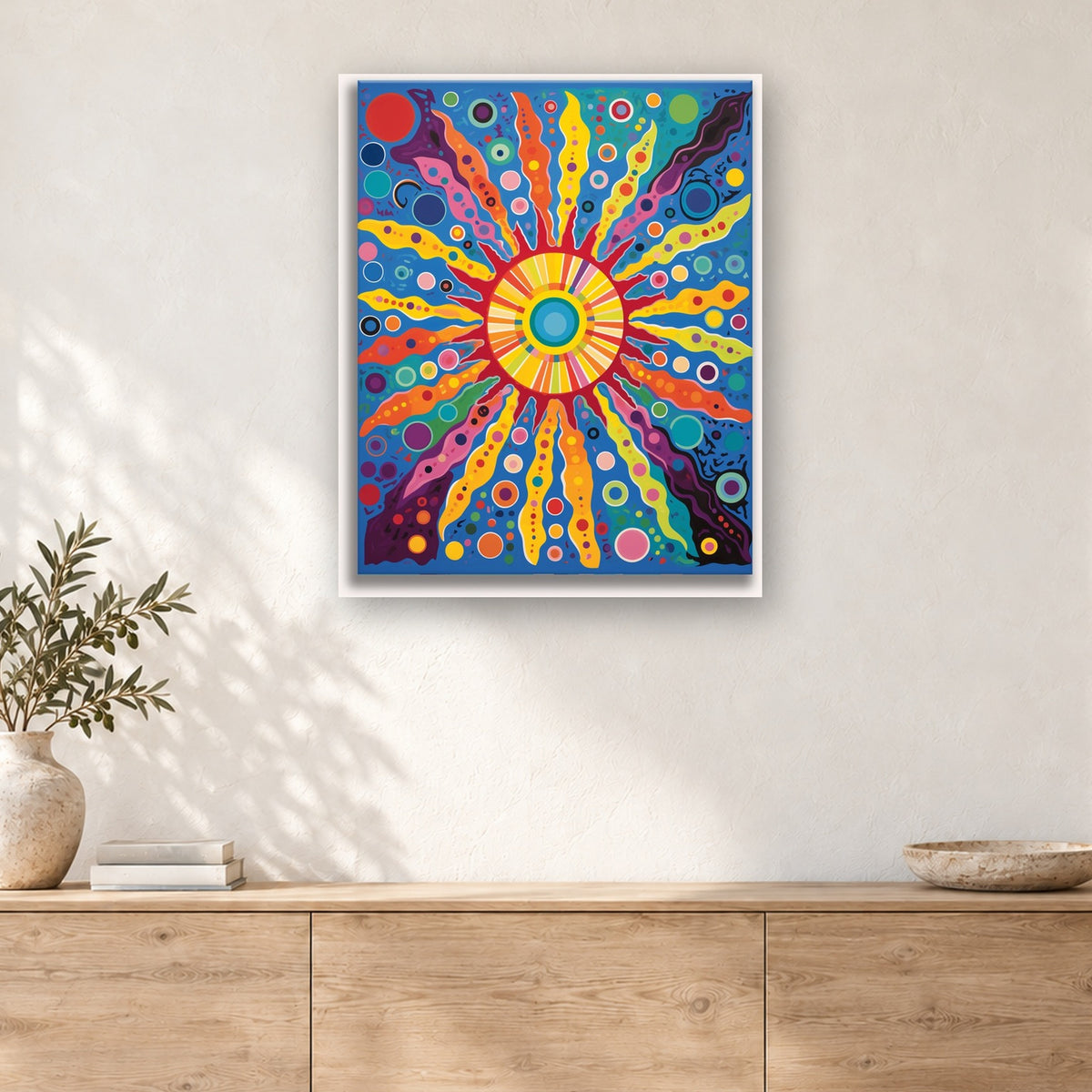 Tableau peinture par numéro Soleil à Pois accroché dans un intérieur décoré, Maison Artsen
