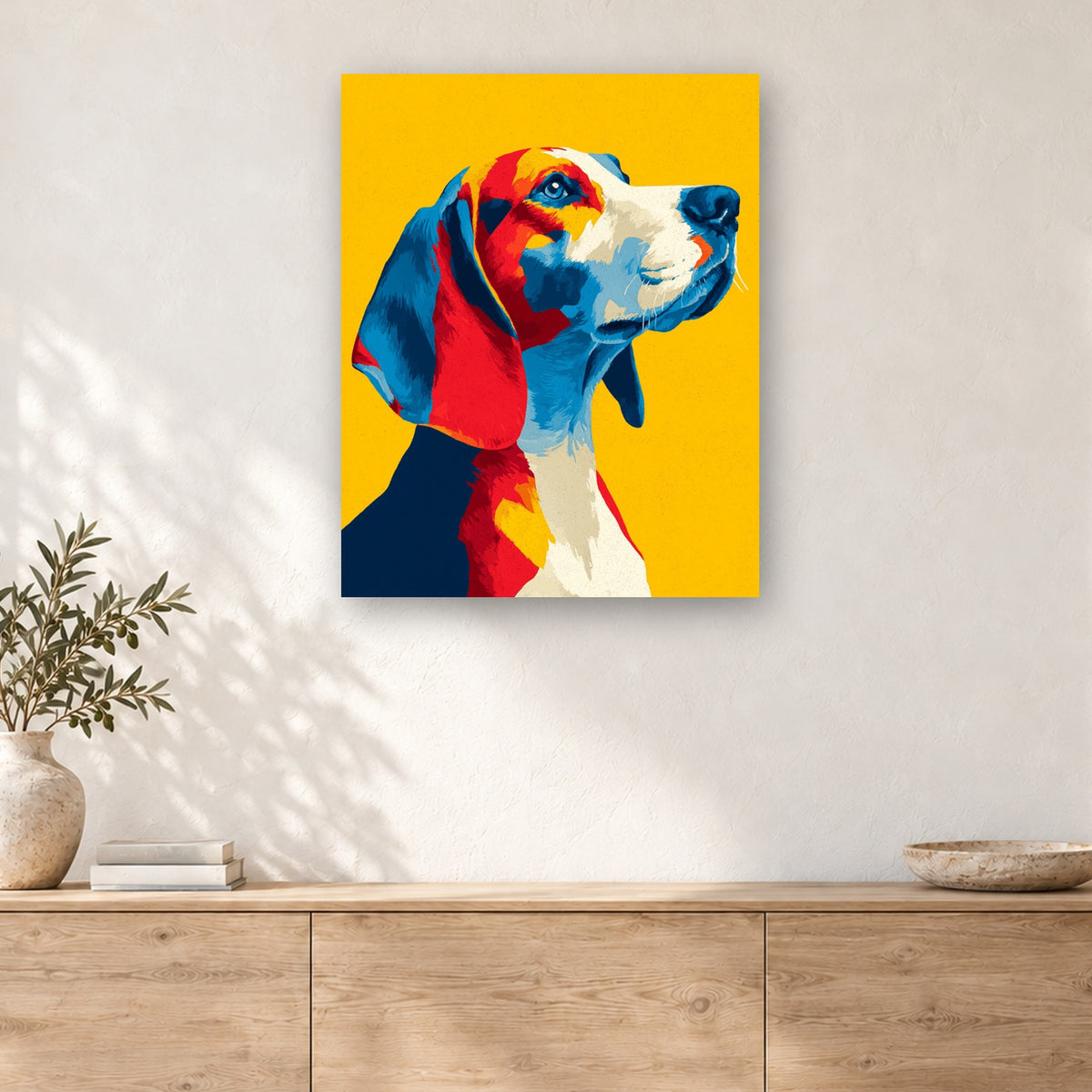 Tableau peinture par numéro Beagle sur Fond Jaune accroché dans un intérieur décoré, Maison Artsen