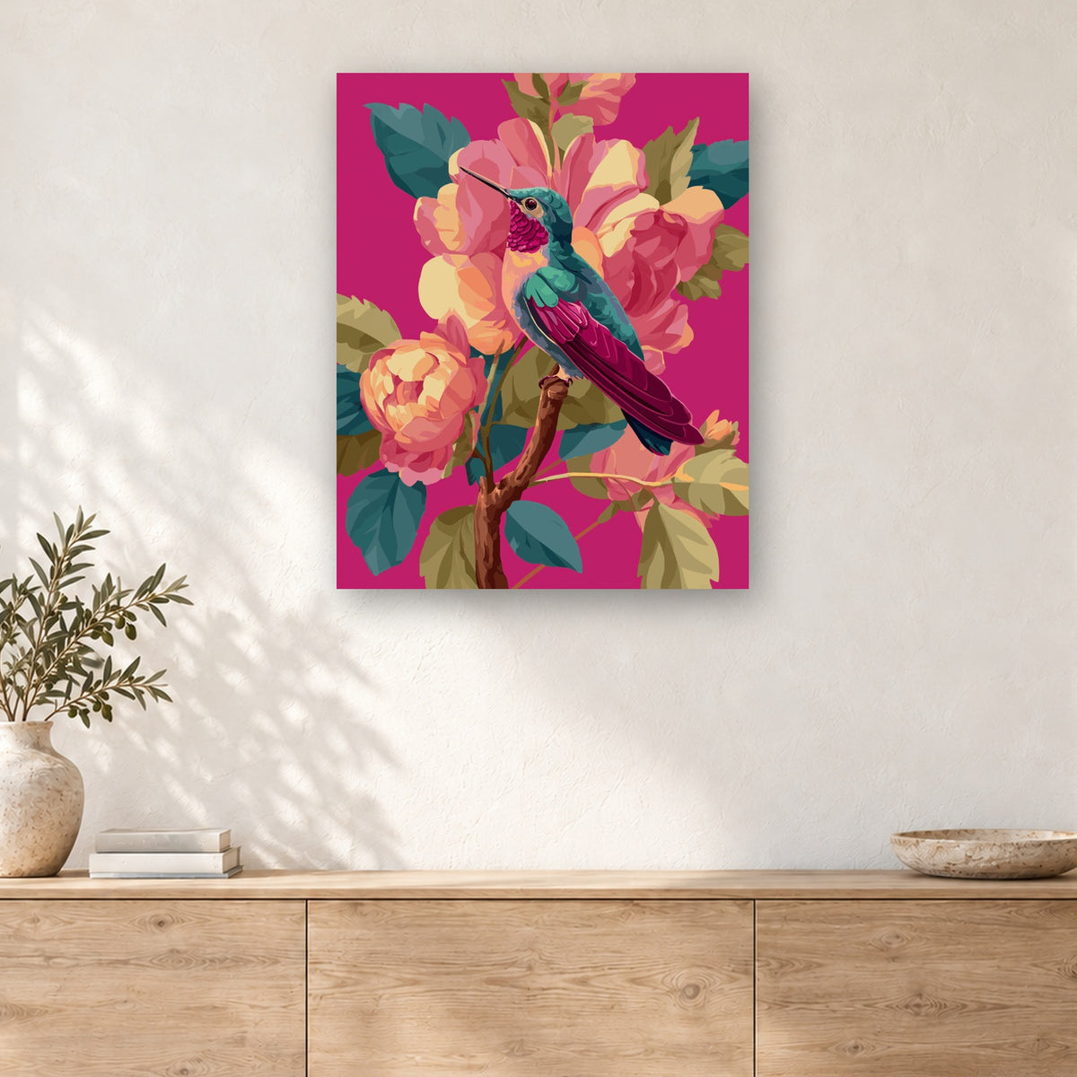 Tableau peinture par numéro Colibri parmi les Pivoines accroché dans un intérieur décoré, Maison Artsen