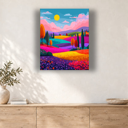 Tableau peinture par numéro Collines aux Mille Champs accroché dans un intérieur décoré, Maison Artsen