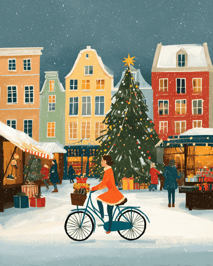 Peinture par numéro adulte Marché de Noël à Vélo, visuel complet du design sur toile, Maison Artsen