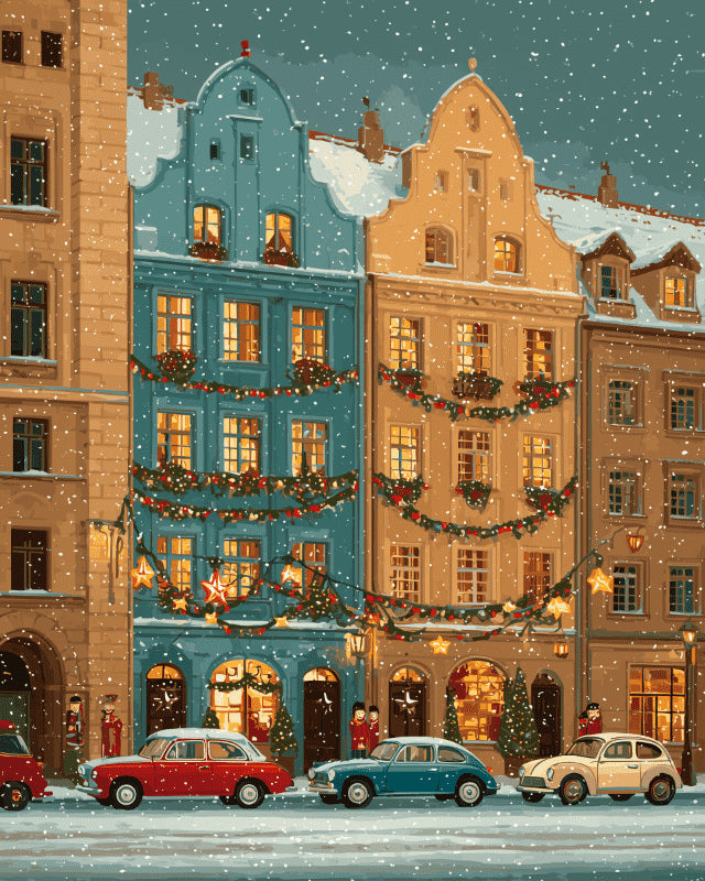 Peinture par numéro adulte Voitures Anciennes sous la Neige, visuel complet du design sur toile, Maison Artsen