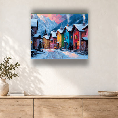 Tableau peinture par numéro Maisons Colorées des Alpes accroché dans un intérieur décoré, Maison Artsen