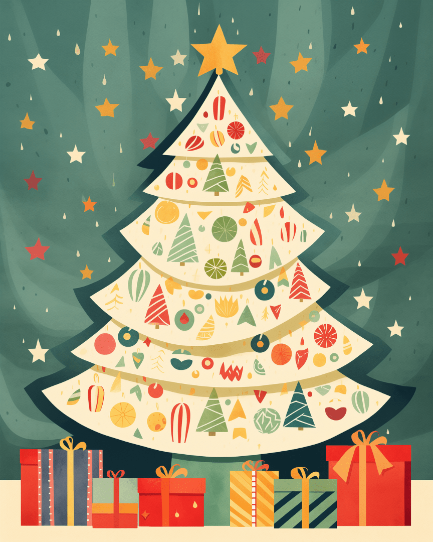 Peinture par numéro adulte Sapin aux Mille Motifs, visuel complet du design sur toile, Maison Artsen