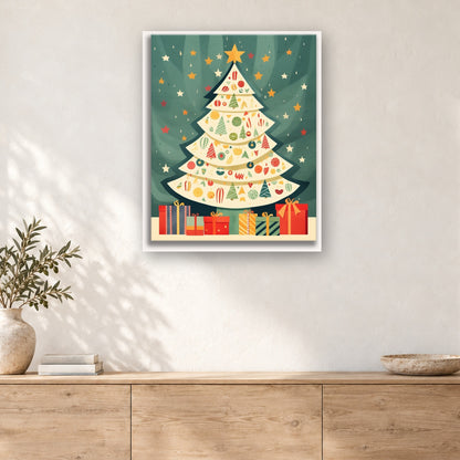 Tableau peinture par numéro Sapin aux Mille Motifs accroché dans un intérieur décoré, Maison Artsen